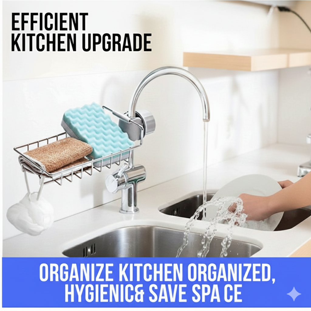 Kitchen Sink Faucet Organizer – Space-Saving Sponge & Soap Holder | Hygienic Sink Rack